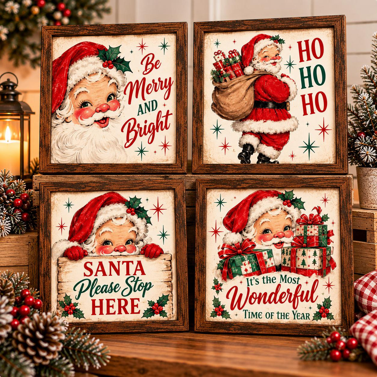 Vintage Santa Framed Print Set of 4, Retro Santa Claus Wall Art, Ho Ho Ho Merry and Bright Christmas