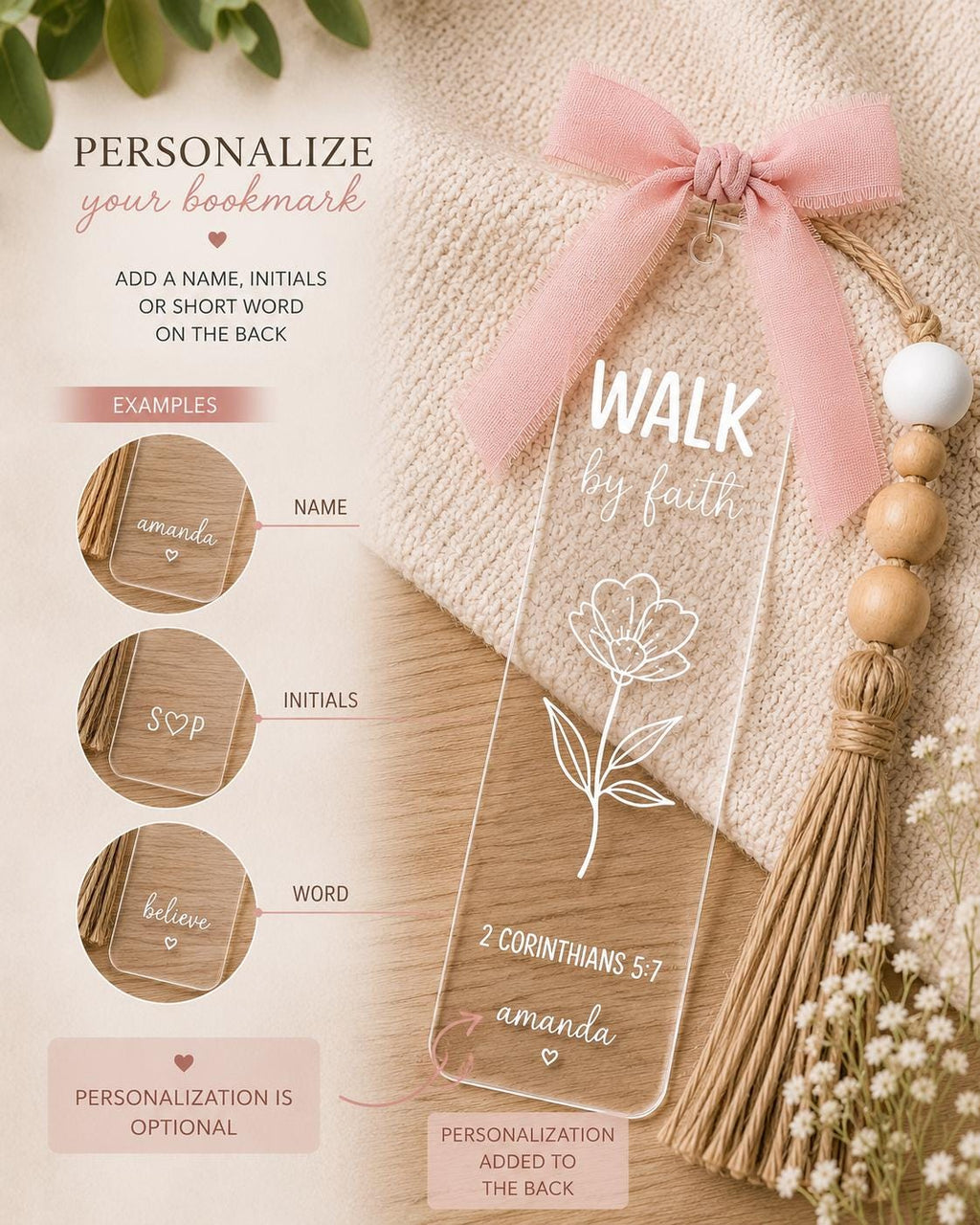 Walk by Faith Clear Acrylic Bookmark with Tassel, 2 Corinthians 5:7 Scripture Page Marker