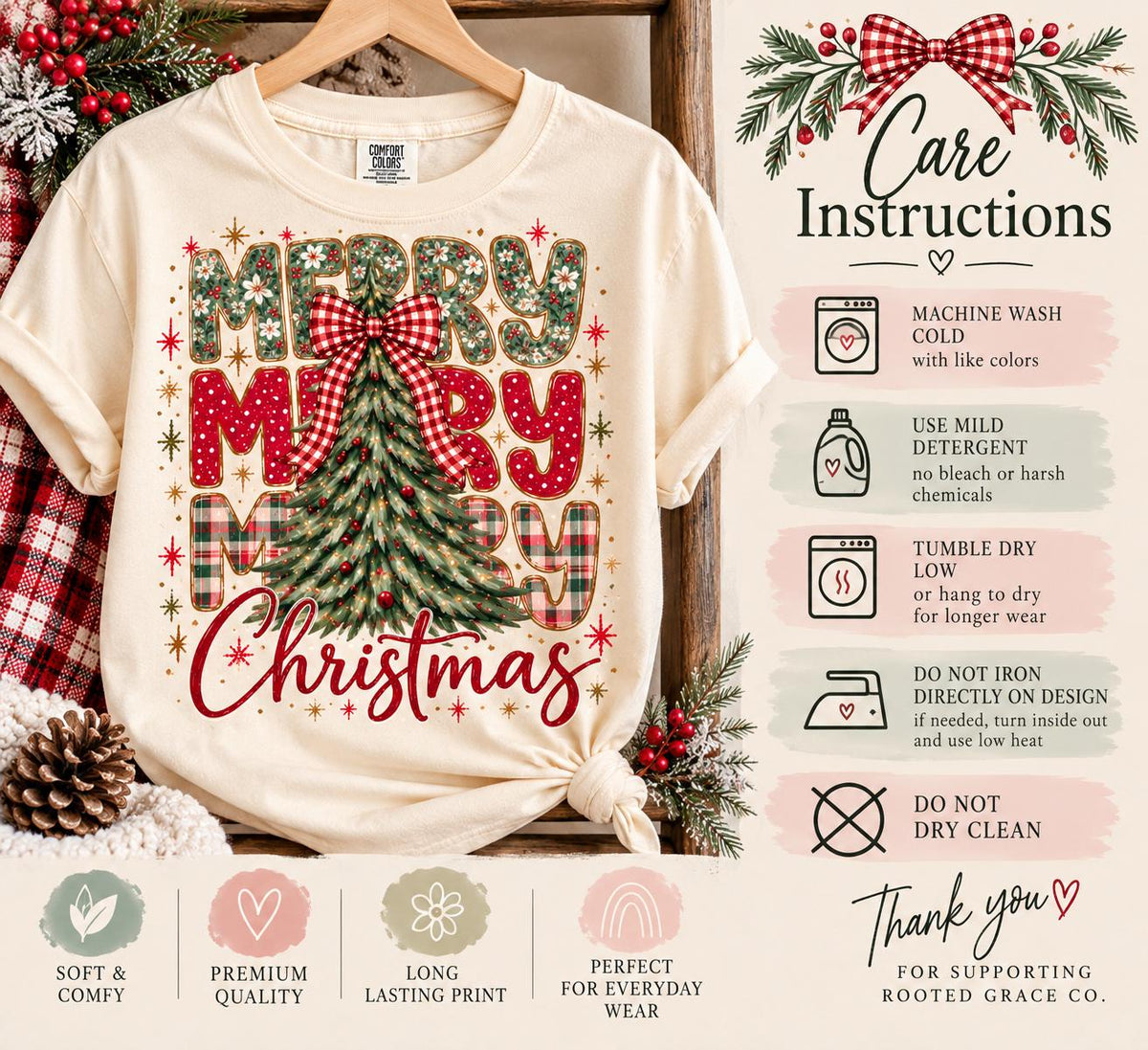 Merry Merry Christmas Tree Shirt, Comfort Colors Plaid Bow Christmas Tee, Vintage Christmas Tree T-Shirt, Retro Holiday Gift
