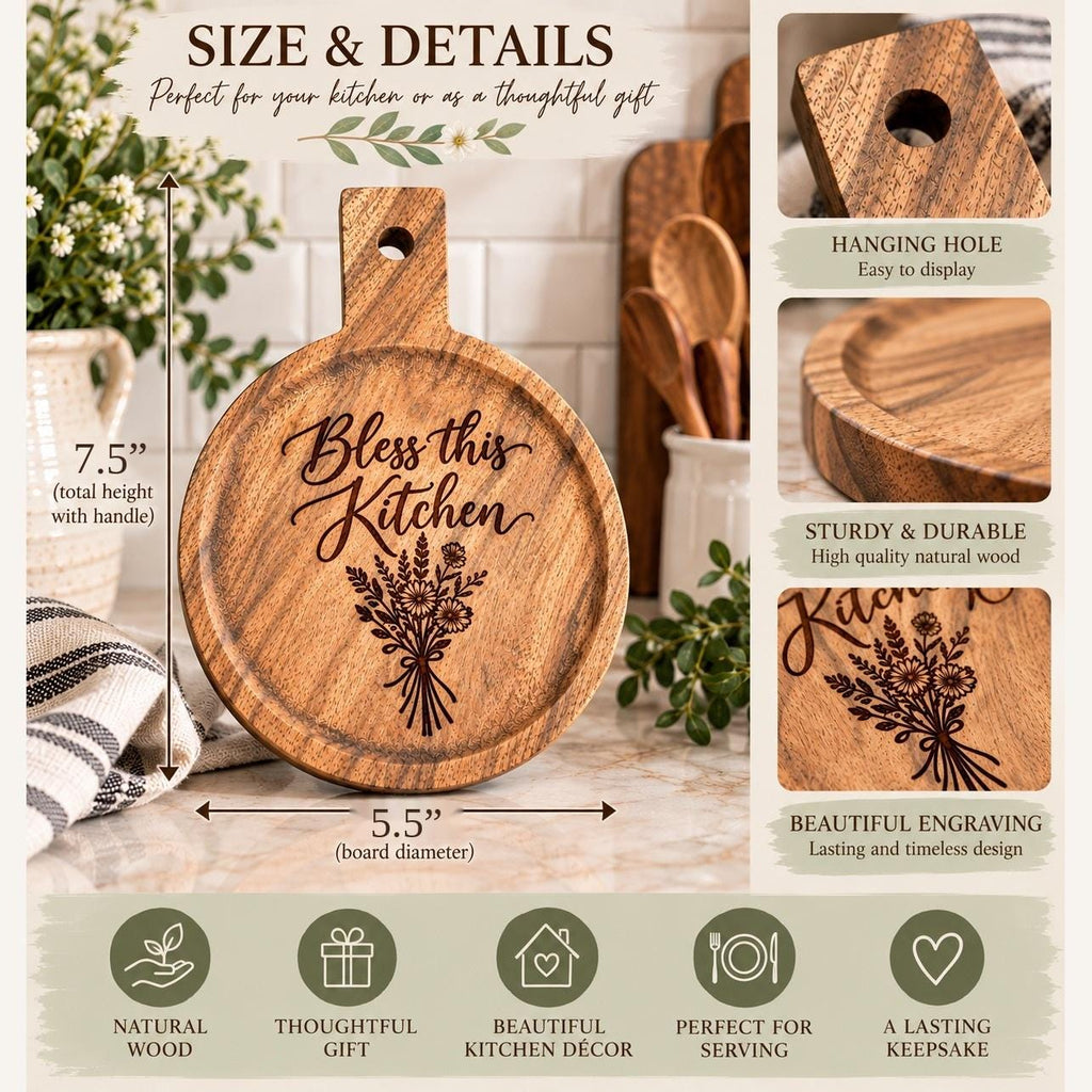 Bless this Kitchen Round Engraved Acacia Serving Board, Small Wildflower Cheese Board with Handle, Housewarming Gift