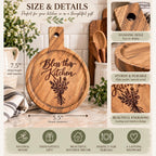 Bless this Kitchen Round Engraved Acacia Serving Board, Small Wildflower Cheese Board with Handle, Housewarming Gift