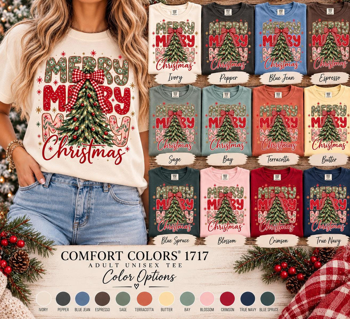 Merry Merry Christmas Tree Shirt, Comfort Colors Plaid Bow Christmas Tee, Vintage Christmas Tree T-Shirt, Retro Holiday Gift
