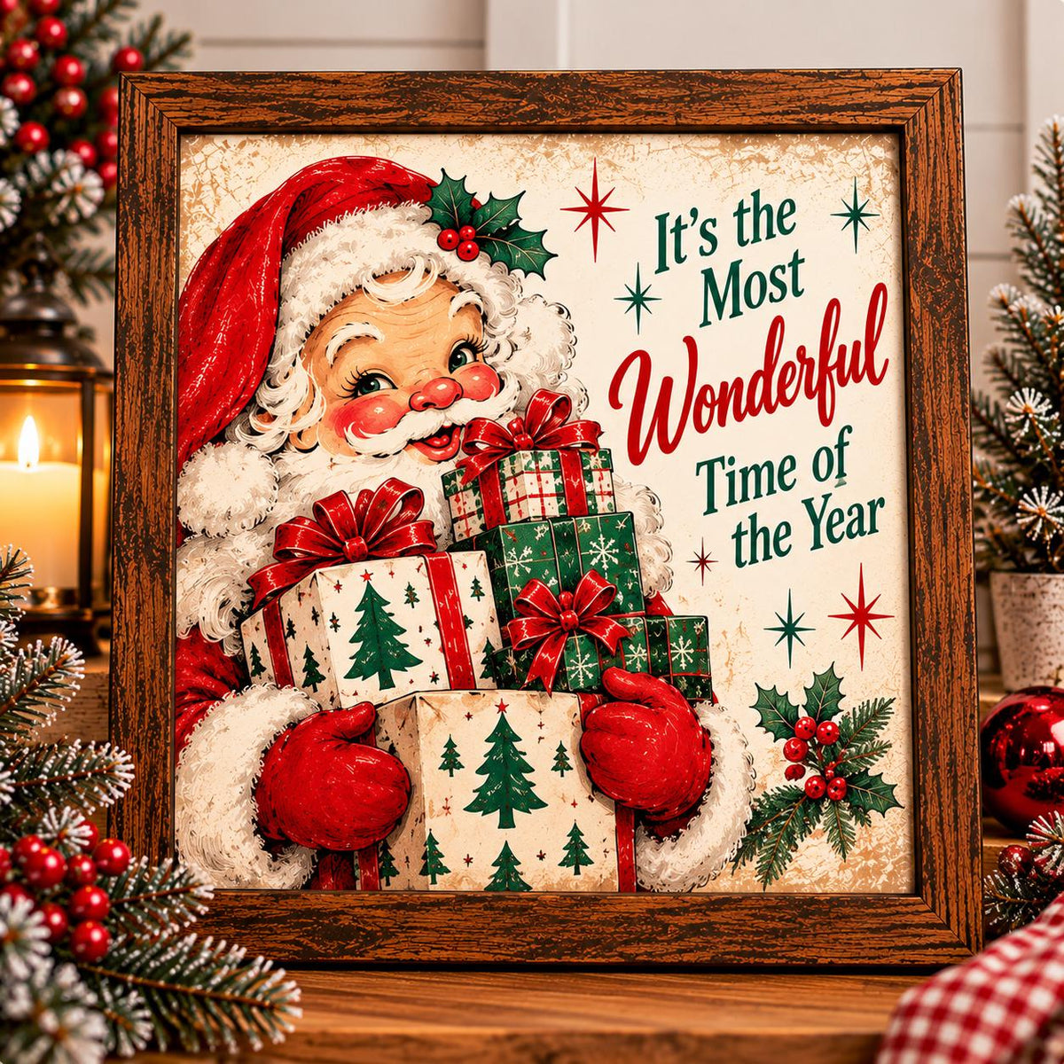 Vintage Santa Most Wonderful Time of the Year Framed Print, Retro Santa Wall Art, Mid Century Christmas Sign, Holiday Decor