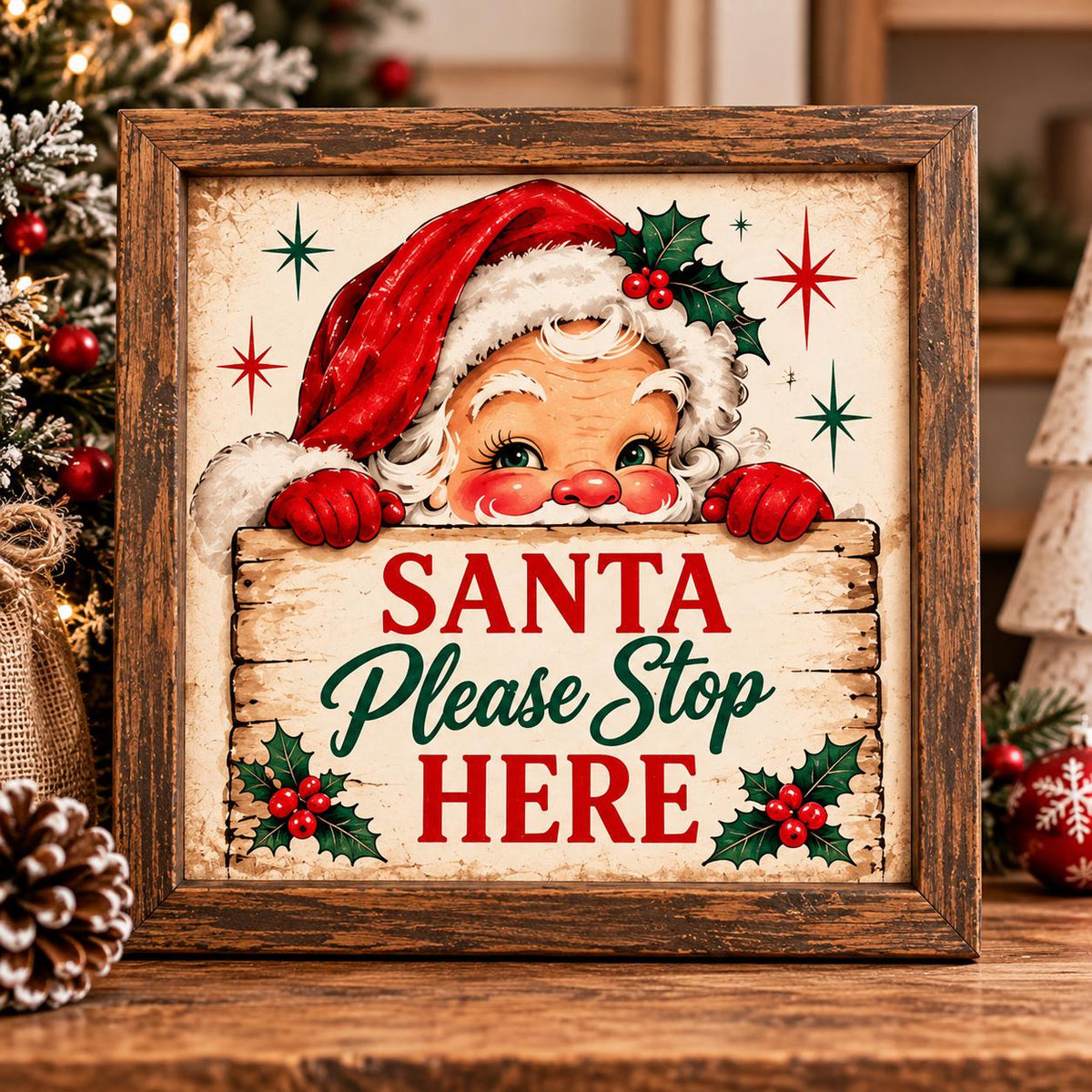 Vintage Santa Framed Print Set of 4, Retro Santa Claus Wall Art, Ho Ho Ho Merry and Bright Christmas Signs, Holiday Decor