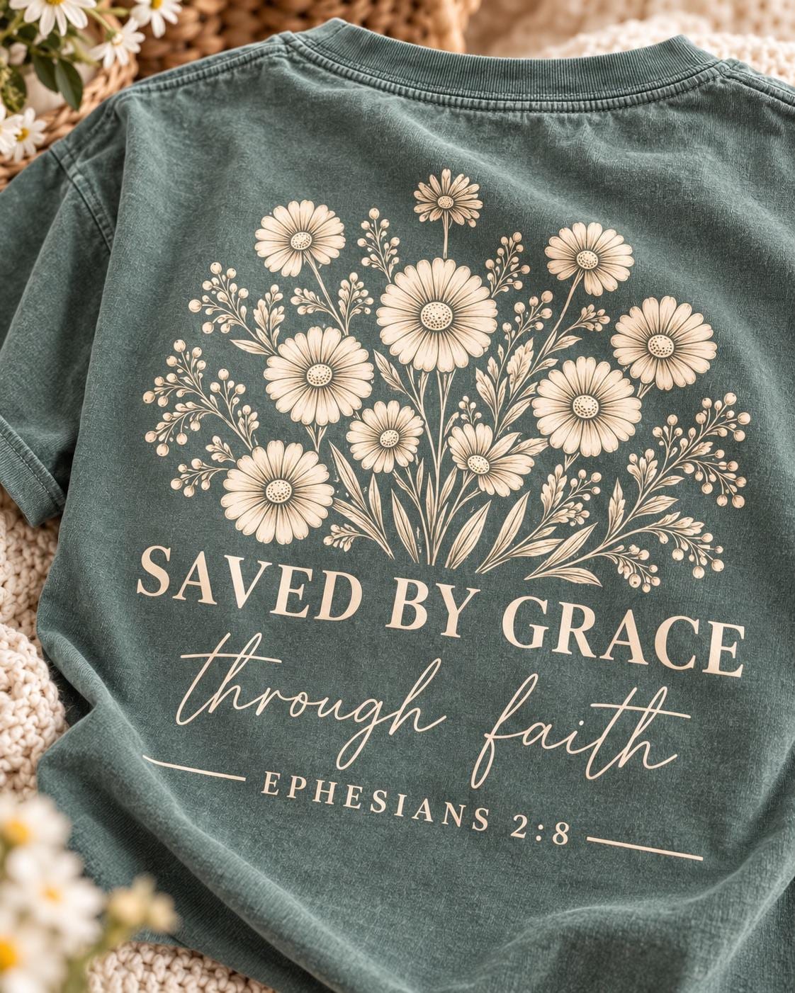 Saved by Grace Wildflower Tee, Ephesians 2:8 Christian Shirt, Comfort Colors® 1717 Cotton Tee