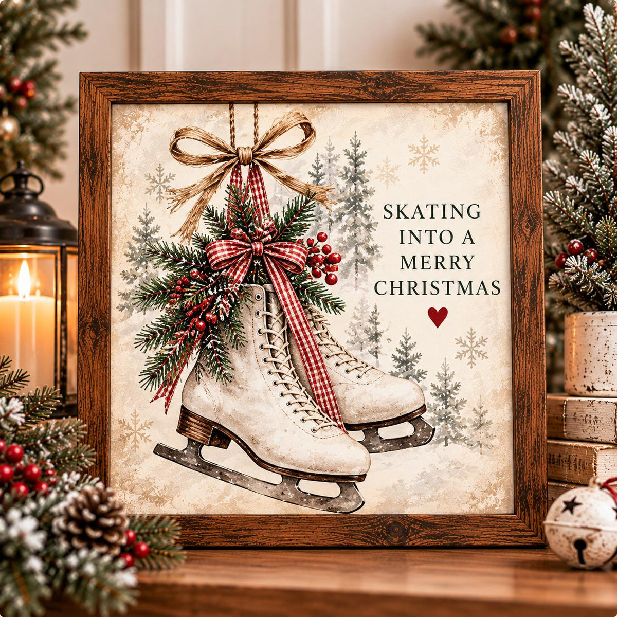 Vintage Ice Skates Christmas Framed Print, Skating Into a Merry Christmas Wall Art, Farmhouse Winter Sign, Cottage Decor