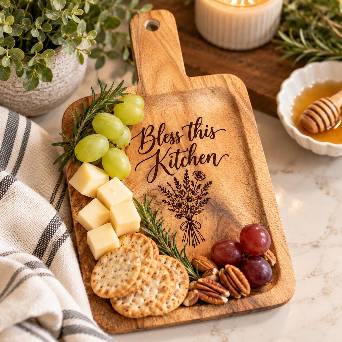 Bless this Kitchen Engraved Acacia Charcuterie Board, Small Wildflower Serving Board with Handle, Housewarming Gift