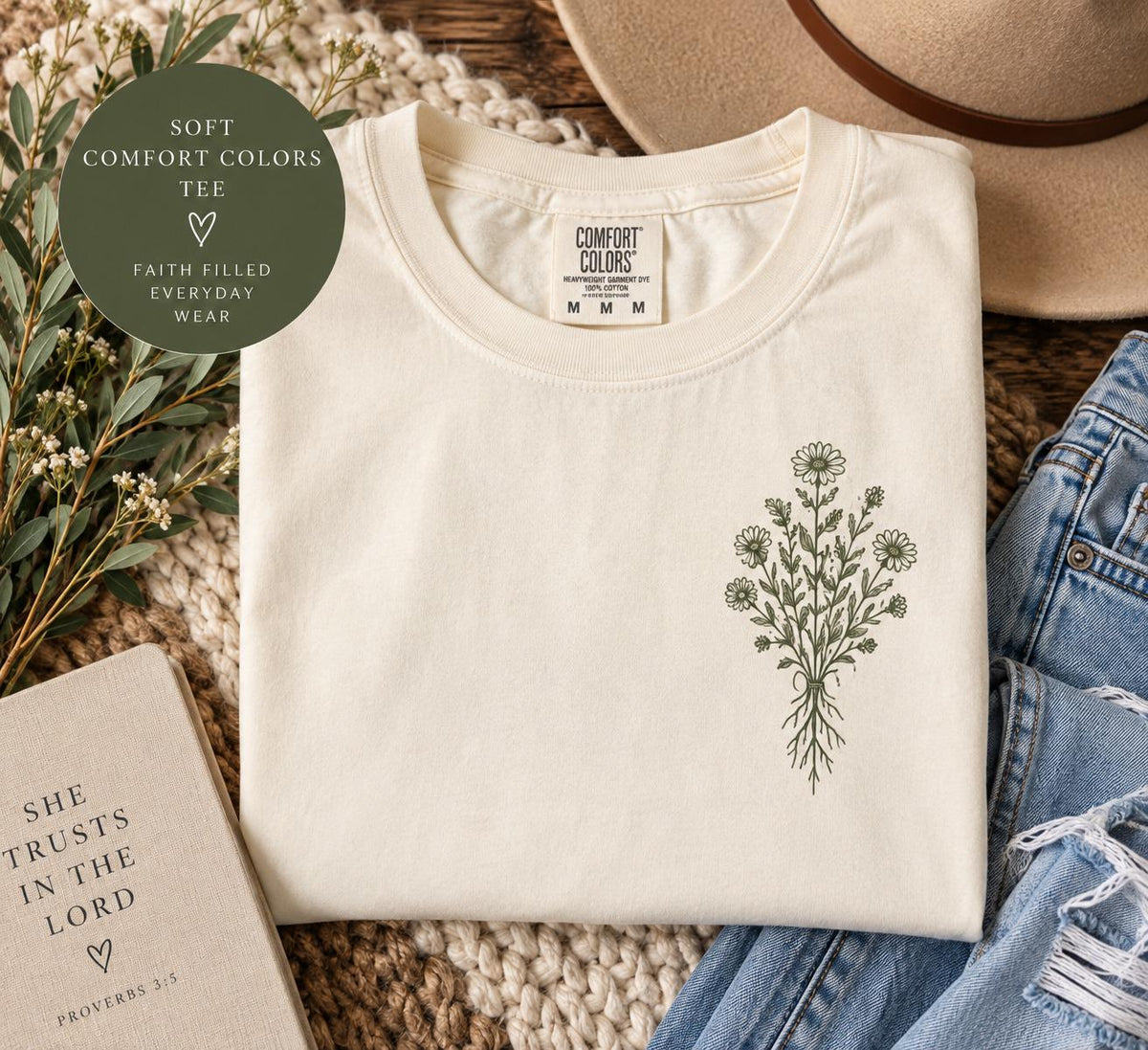 Growing in Grace Wildflower Comfort Colors Tee, 1 Corinthians 3:7 Christian Shirt for Women