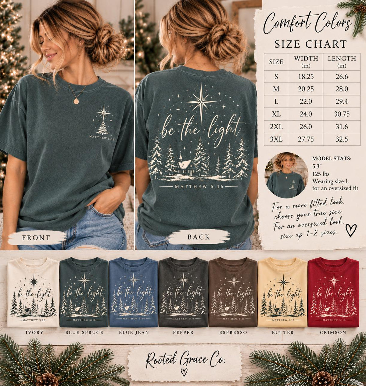 Be the Light Christmas Comfort Colors Tee, Matthew 5:16 Christian Christmas Shirt for Women
