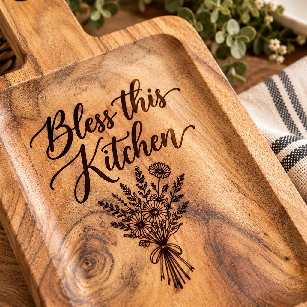 Bless this Kitchen Engraved Acacia Charcuterie Board, Small Wildflower Serving Board with Handle, Housewarming Gift