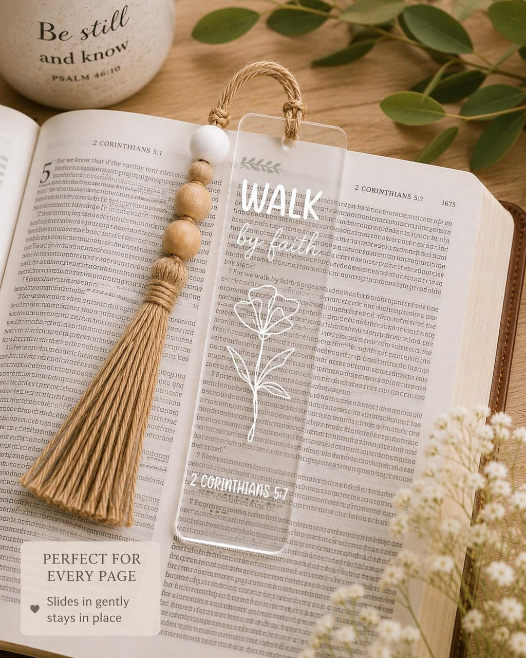 Walk by Faith Clear Acrylic Bookmark with Tassel, 2 Corinthians 5:7 Scripture Page Marker