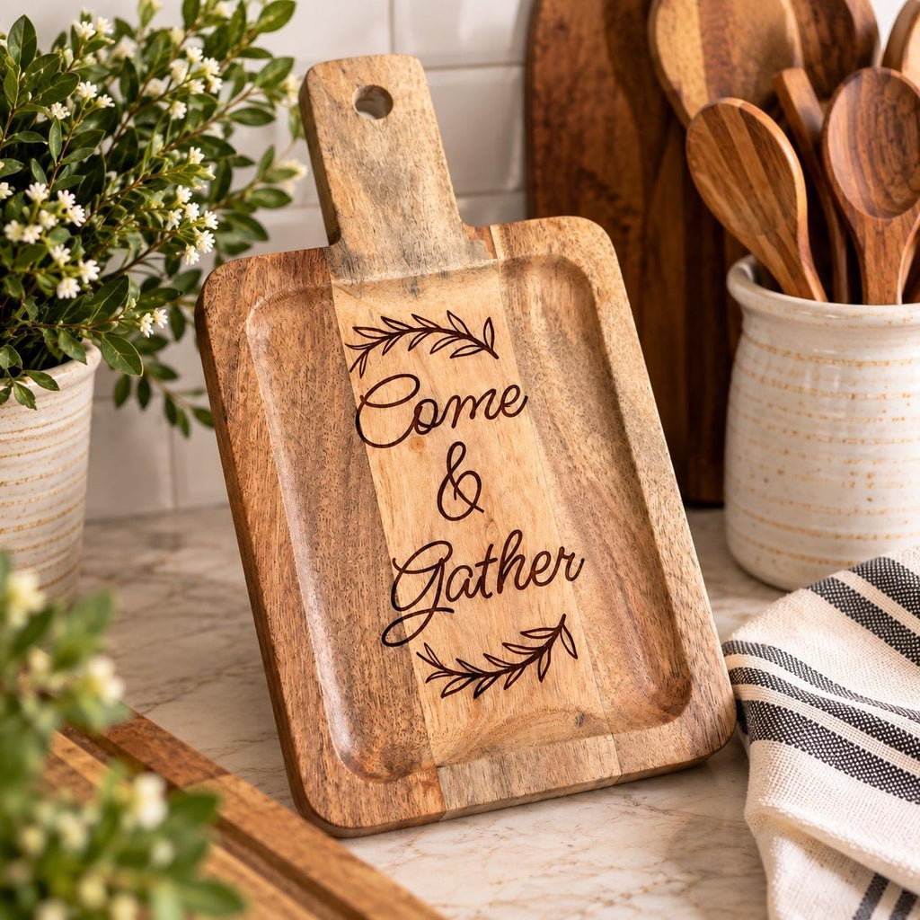 Come & Gather Engraved Acacia Charcuterie Board, Small Rectangle Serving Tray with Handle, Hostess Housewarming Gift