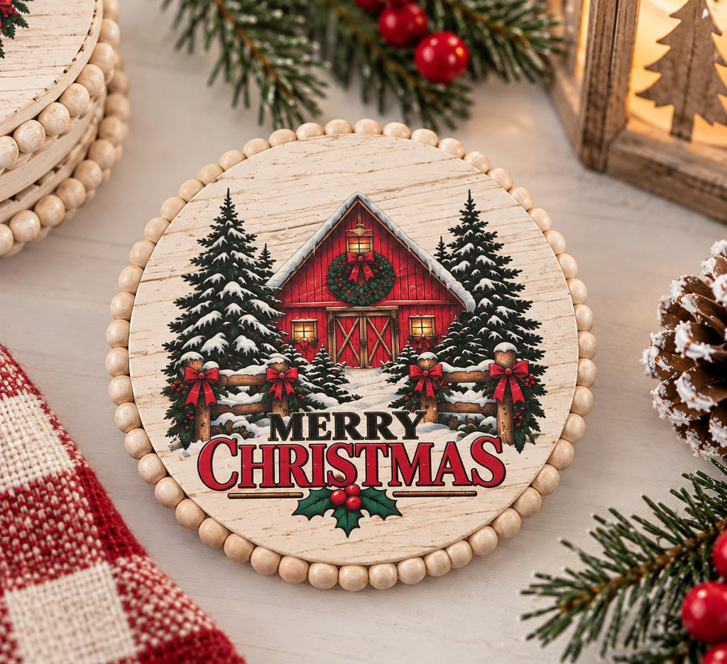 Christmas Wood Coaster Set of 4 with Black Wire Stand, Whitewash Farmhouse Holiday Decor