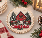 Christmas Wood Coaster Set of 4 with Black Wire Stand, Whitewash Farmhouse Holiday Decor