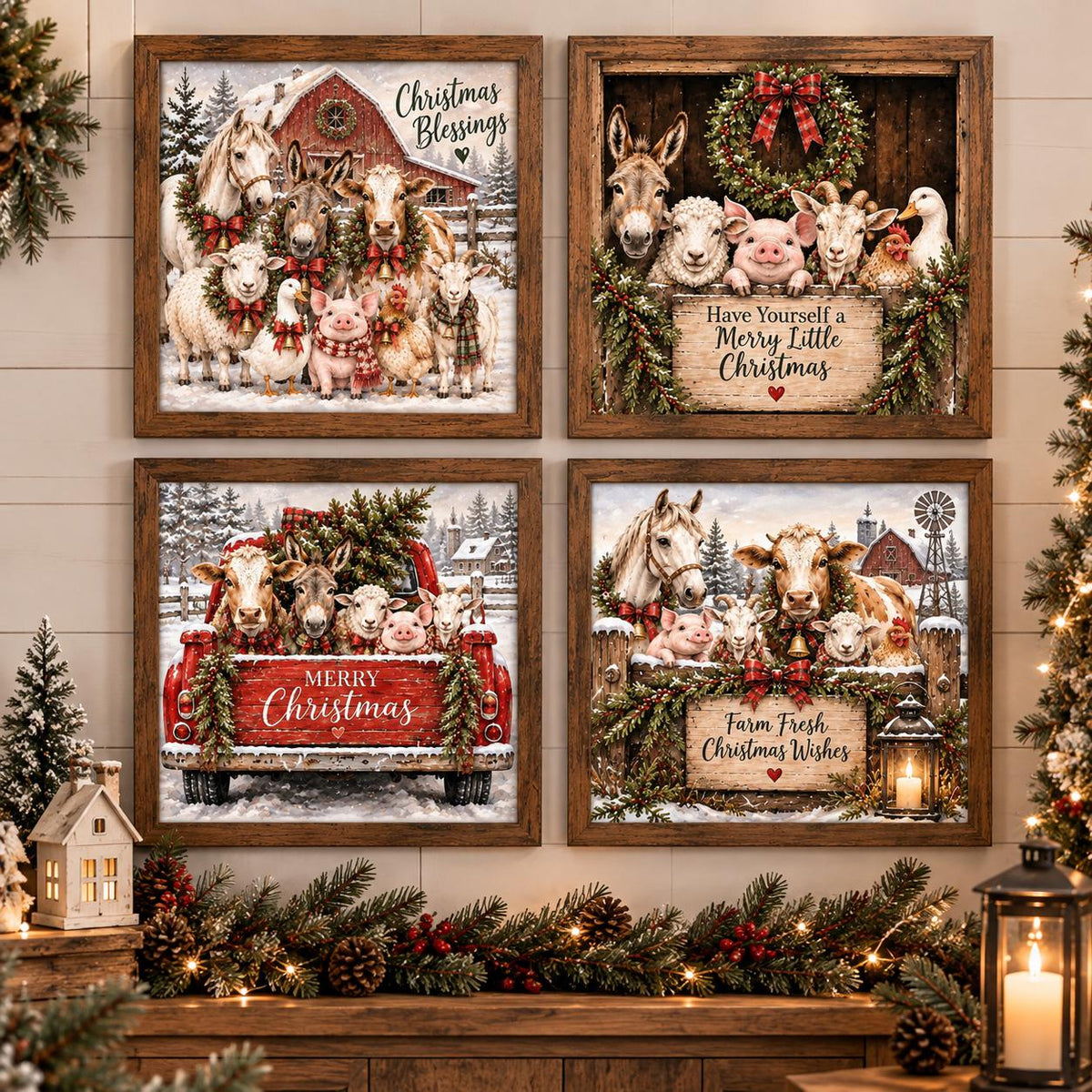 Farm Animal Christmas Framed Print Set of 4, Farmhouse Barnyard Christmas Wall Art, Red Barn Truck Holiday Signs, Decor