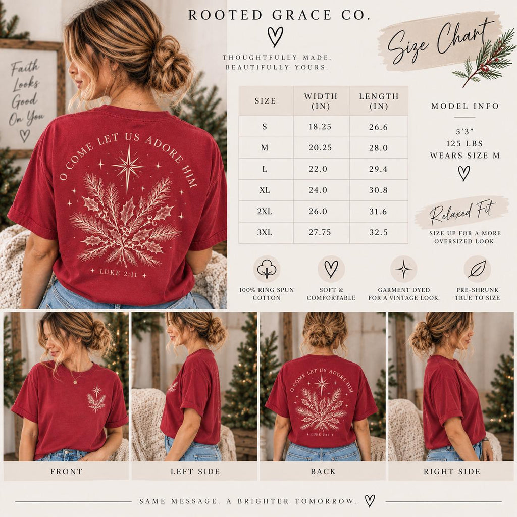 O Come Adore Him Christmas Tee, Luke 2:11 Pine Holly (Comfort Colors)