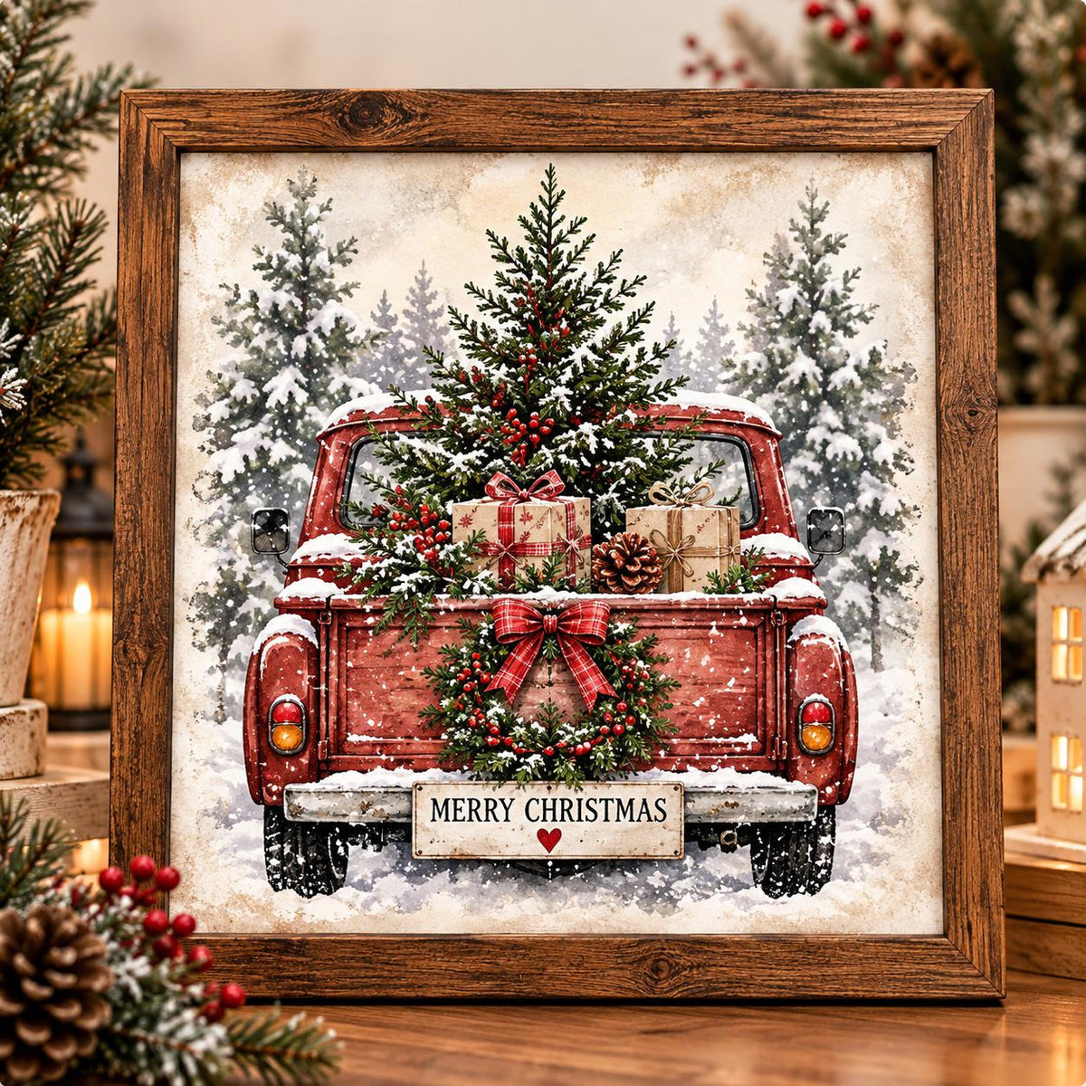 Vintage Red Truck Christmas Framed Print, Farmhouse Christmas Wall Art, Rustic Christmas Tree Truck Sign, Cottage Holiday Decor
