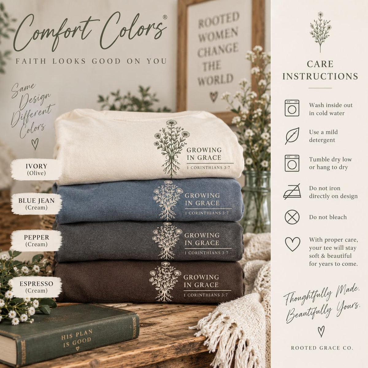 Growing in Grace Wildflower Comfort Colors Tee, 1 Corinthians 3:7 Christian Shirt for Women
