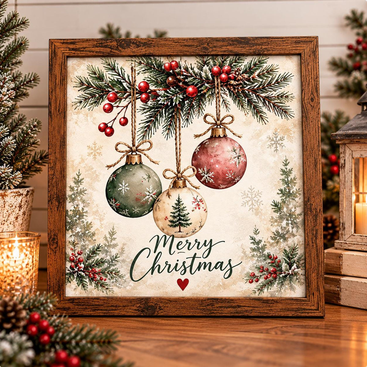 Vintage Ornament Merry Christmas Framed Print, Farmhouse Christmas Wall Art, Pine Bough Ornament Sign, Cottage Holiday Decor