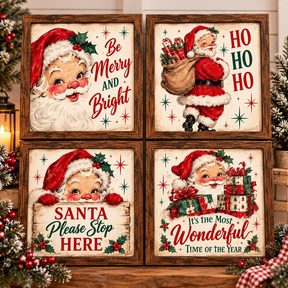 Vintage Santa Framed Print Set of 4, Retro Santa Claus Wall Art, Ho Ho Ho Merry and Bright Christmas Signs, Holiday Decor
