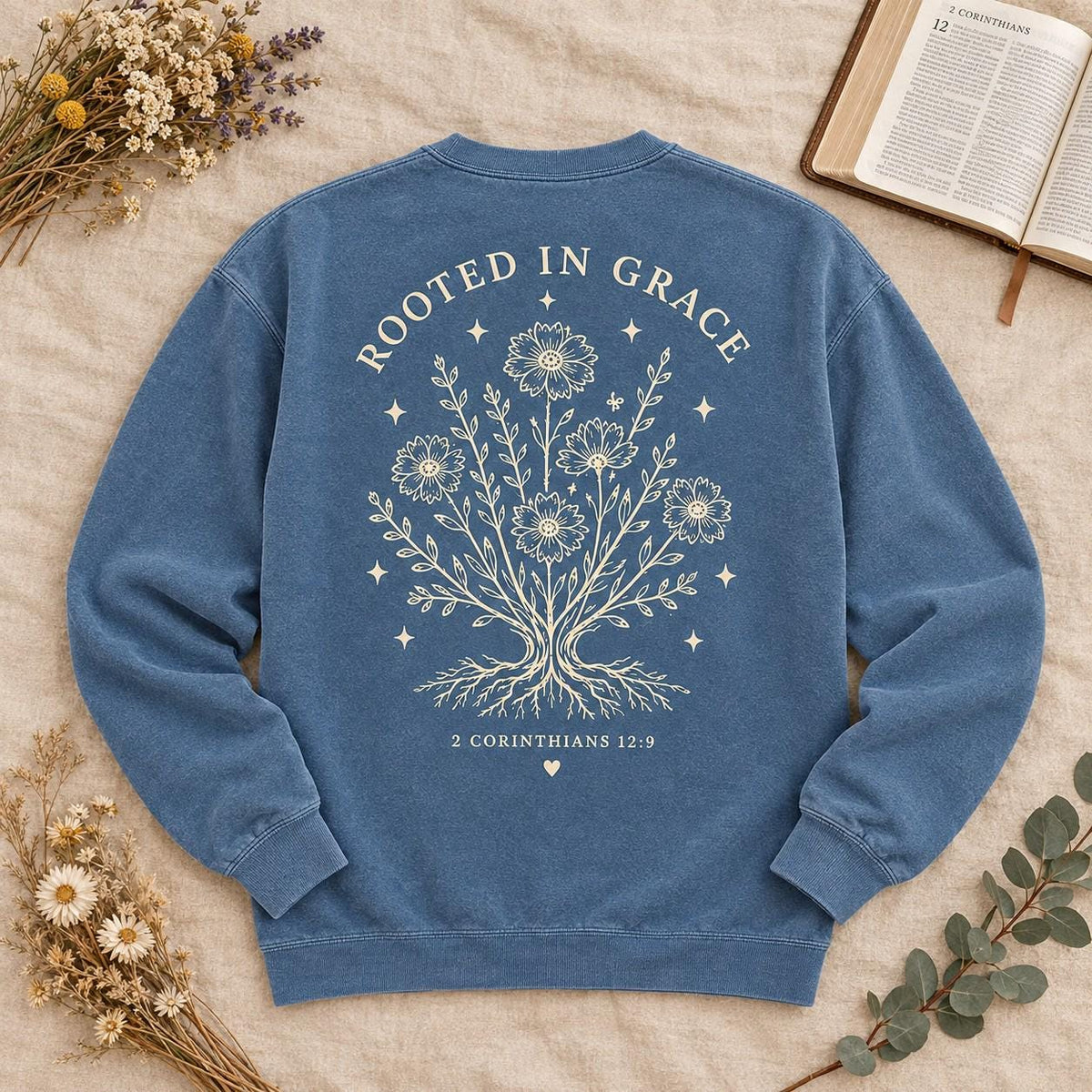 Rooted in Grace Wildflower Comfort Colors Sweatshirt, 2 Corinthians 12:9 Christian Crewneck for Women