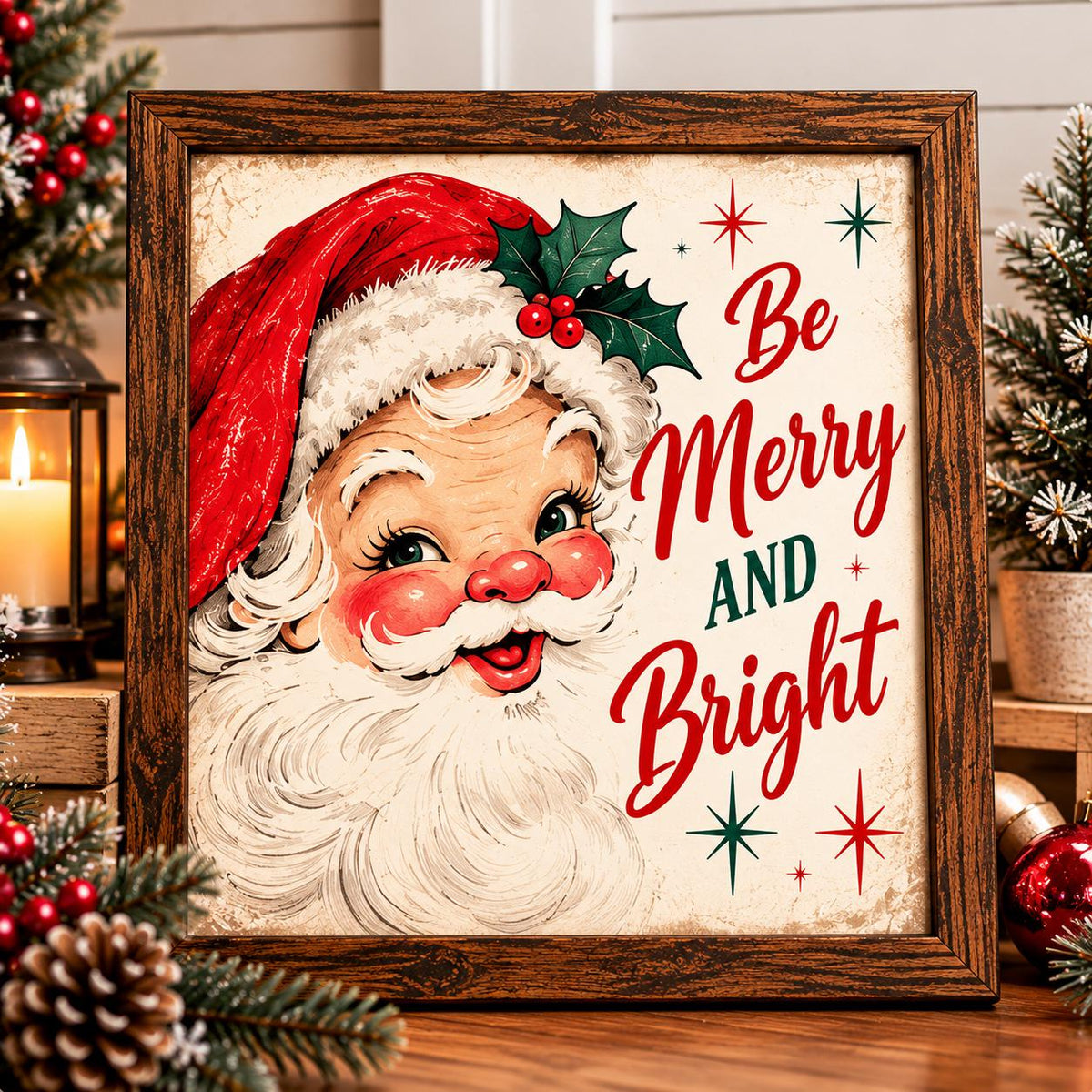 Vintage Santa Be Merry and Bright Framed Print, Retro Santa Claus Wall Art, Mid Century Christmas Sign, Cottage Holiday Decor