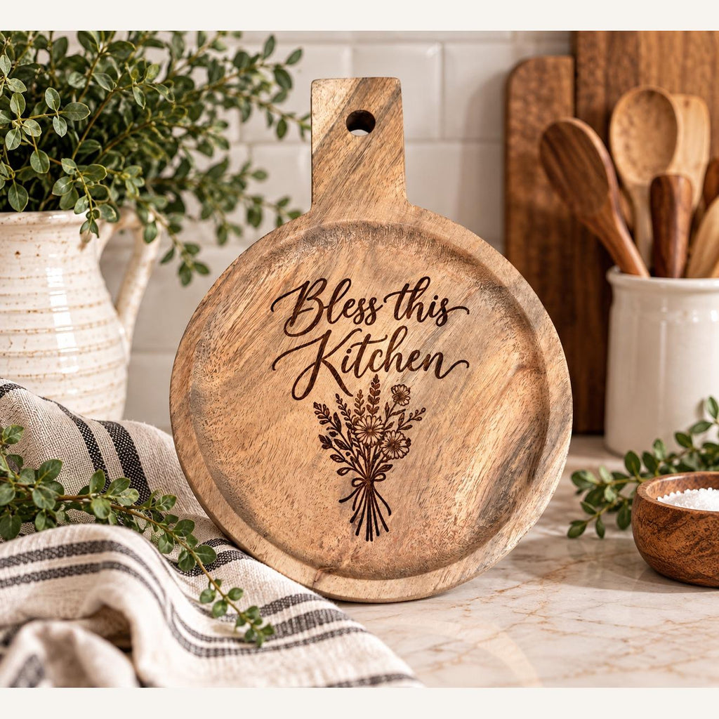 Bless this Kitchen Round Engraved Acacia Serving Board, Small Wildflower Cheese Board with Handle, Housewarming Gift
