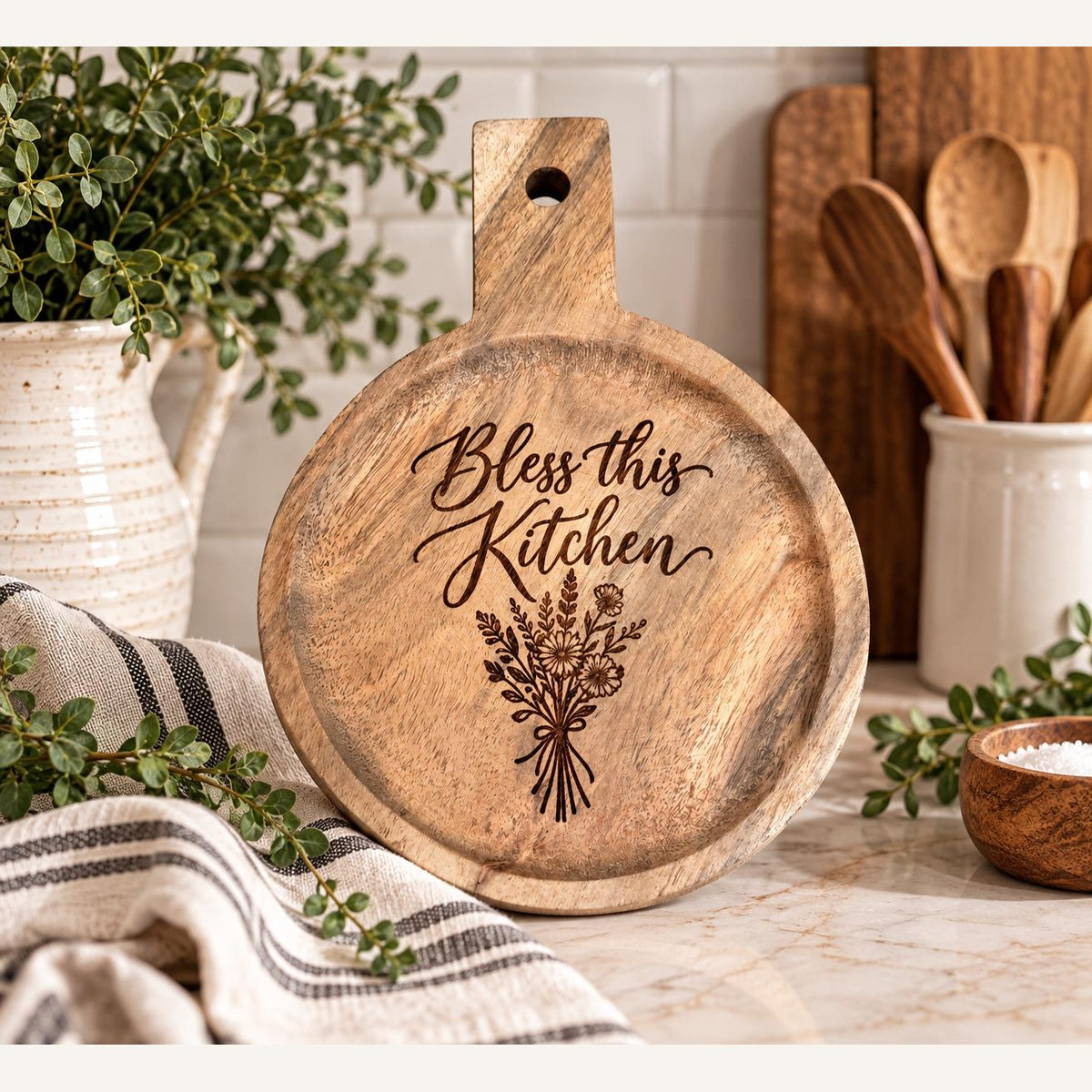 Bless this Kitchen Round Engraved Acacia Serving Board, Small Wildflower Cheese Board with Handle, Housewarming Gift