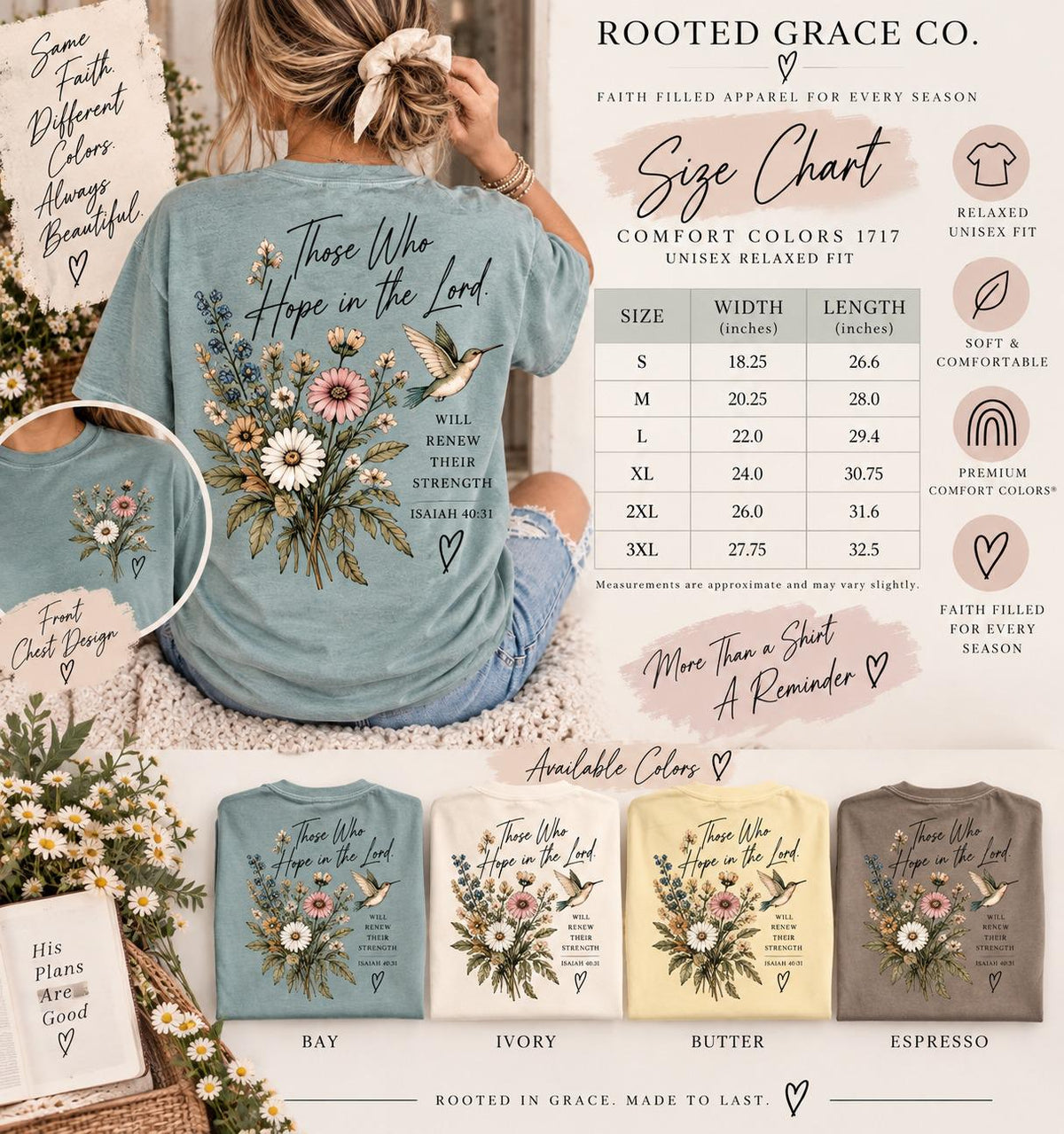 Wildflower Hummingbird Christian Tee, Isaiah 40:31 Comfort Colors Shirt
