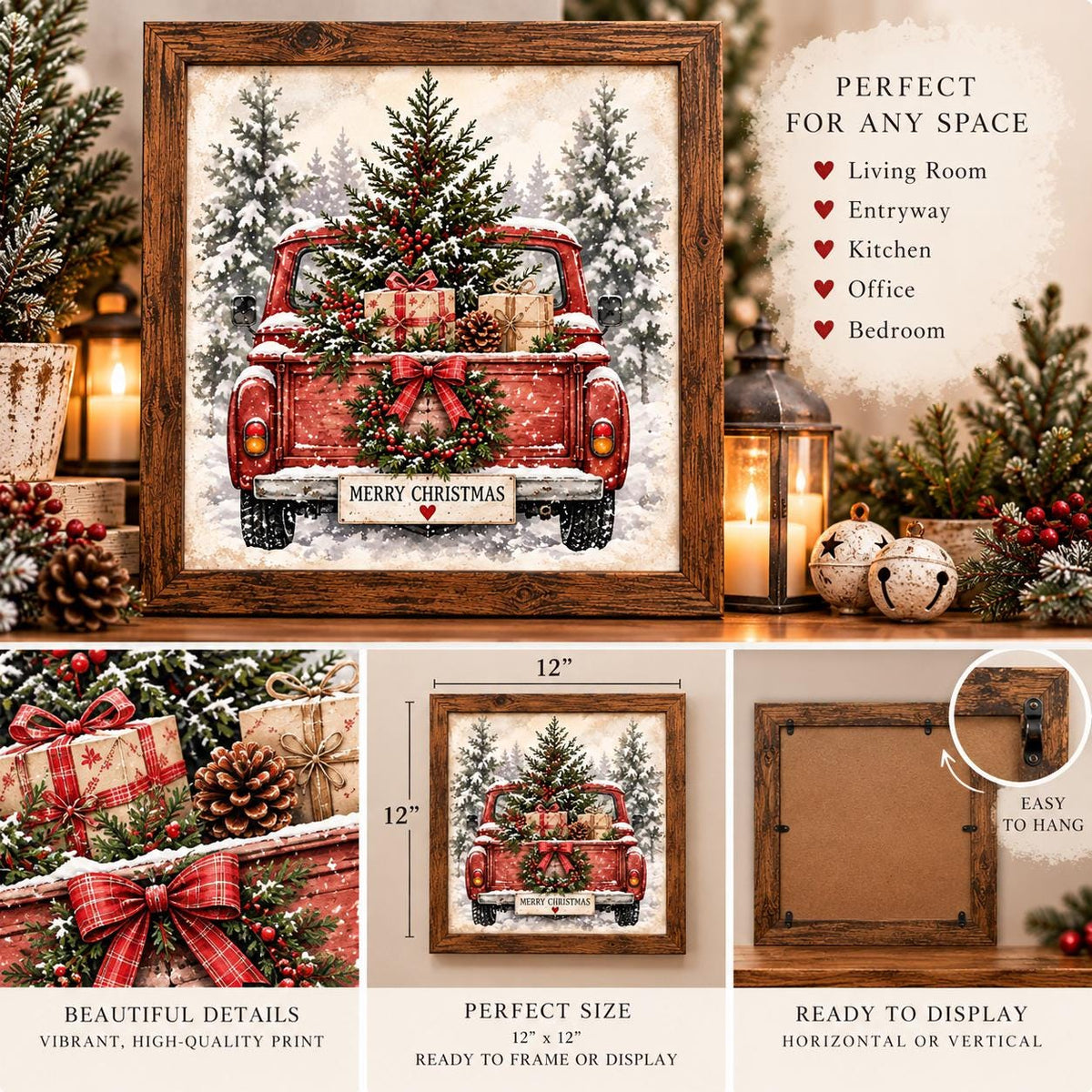 Vintage Red Truck Christmas Framed Print, Farmhouse Christmas Wall Art, Rustic Christmas Tree Truck Sign, Cottage Holiday Decor