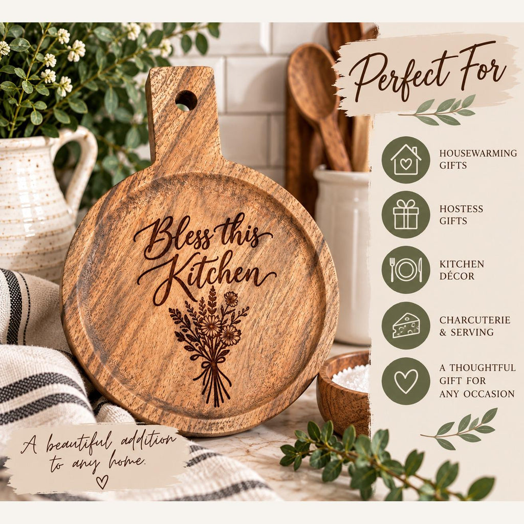 Bless this Kitchen Round Engraved Acacia Serving Board, Small Wildflower Cheese Board with Handle, Housewarming Gift