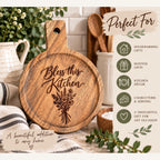 Bless this Kitchen Round Engraved Acacia Serving Board, Small Wildflower Cheese Board with Handle, Housewarming Gift