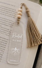 Rooted in His Word Clear Acrylic Bookmark with Tassel, Colossians 2:7 Scripture Page Marker