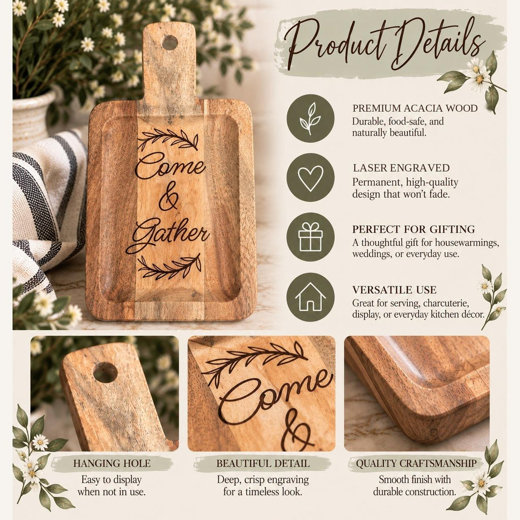 Come & Gather Engraved Acacia Charcuterie Board, Small Rectangle Serving Tray with Handle, Hostess Housewarming Gift