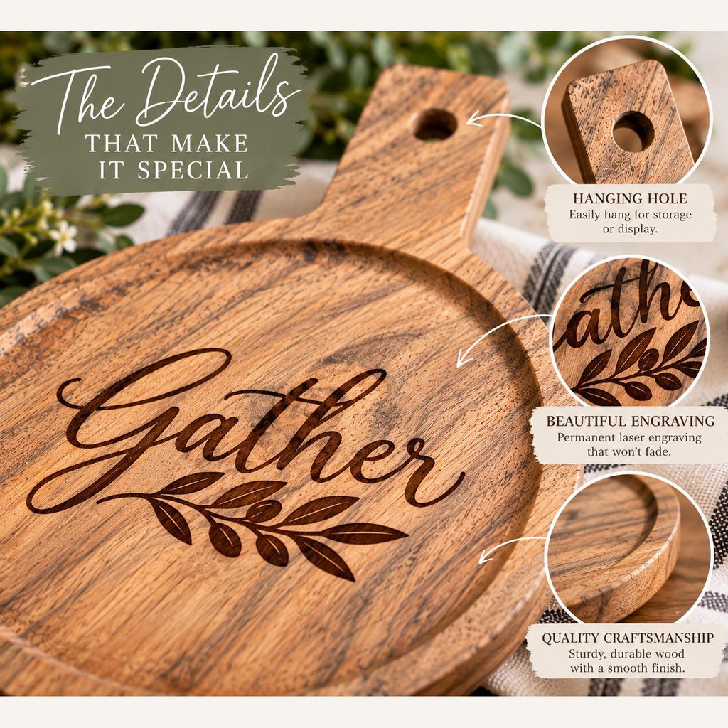 Gather Engraved Acacia Round Serving Board, Small Charcuterie Cheese Board with Handle, Hostess Housewarming Gift
