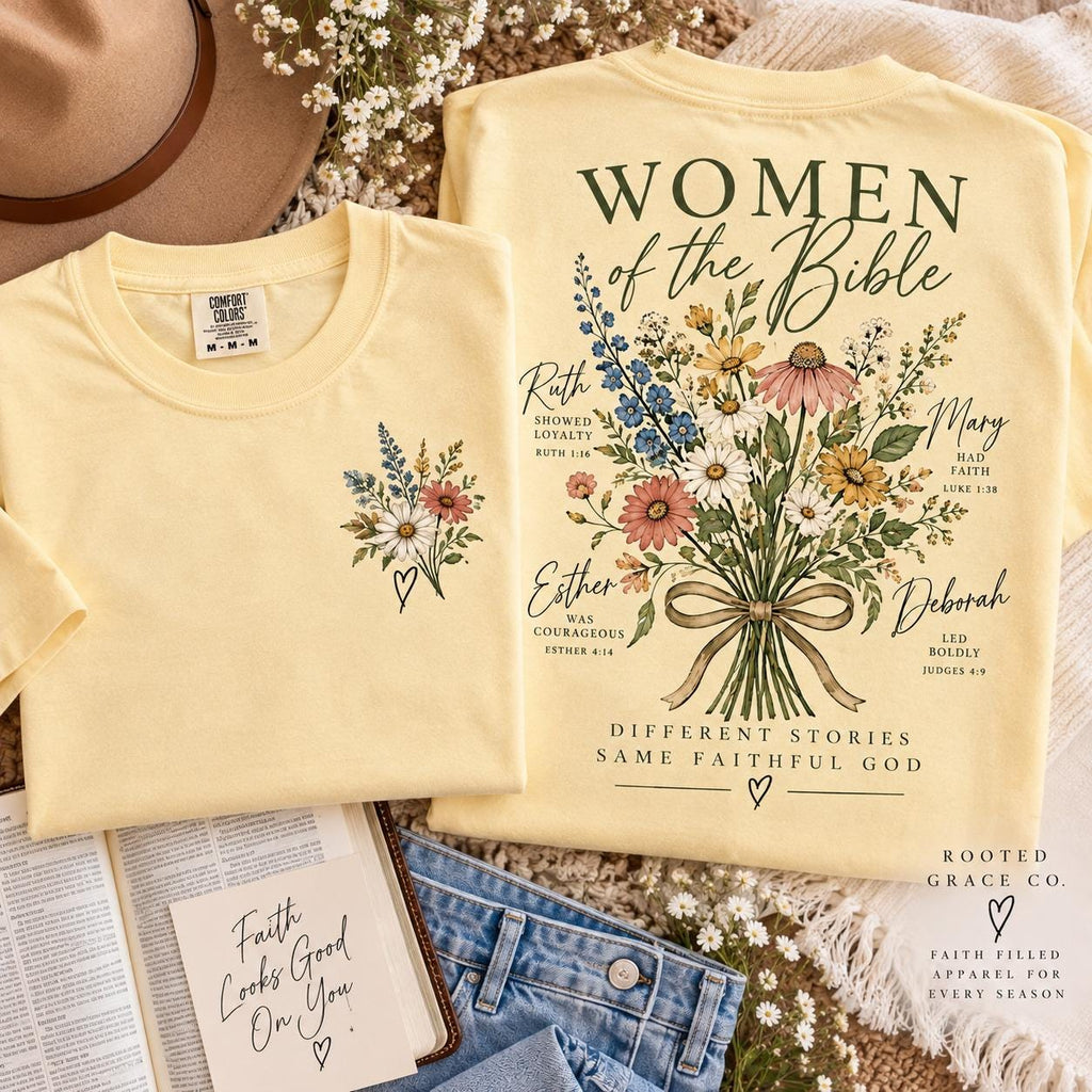 Women of the Bible Wildflower Tee, Ruth Esther Mary Deborah Christian Shirt (Comfort Colors)