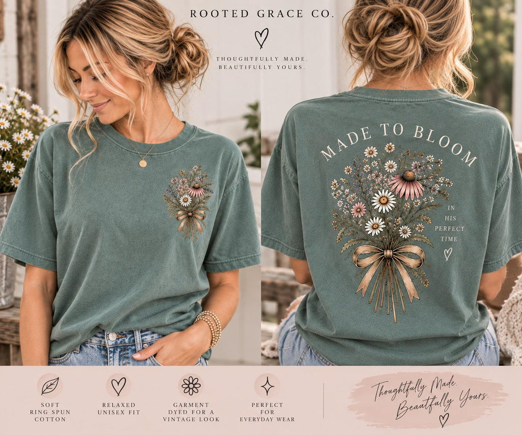 Made to Bloom Wildflower Tee, Boho Christian Floral Shirt, Comfort Colors 1717