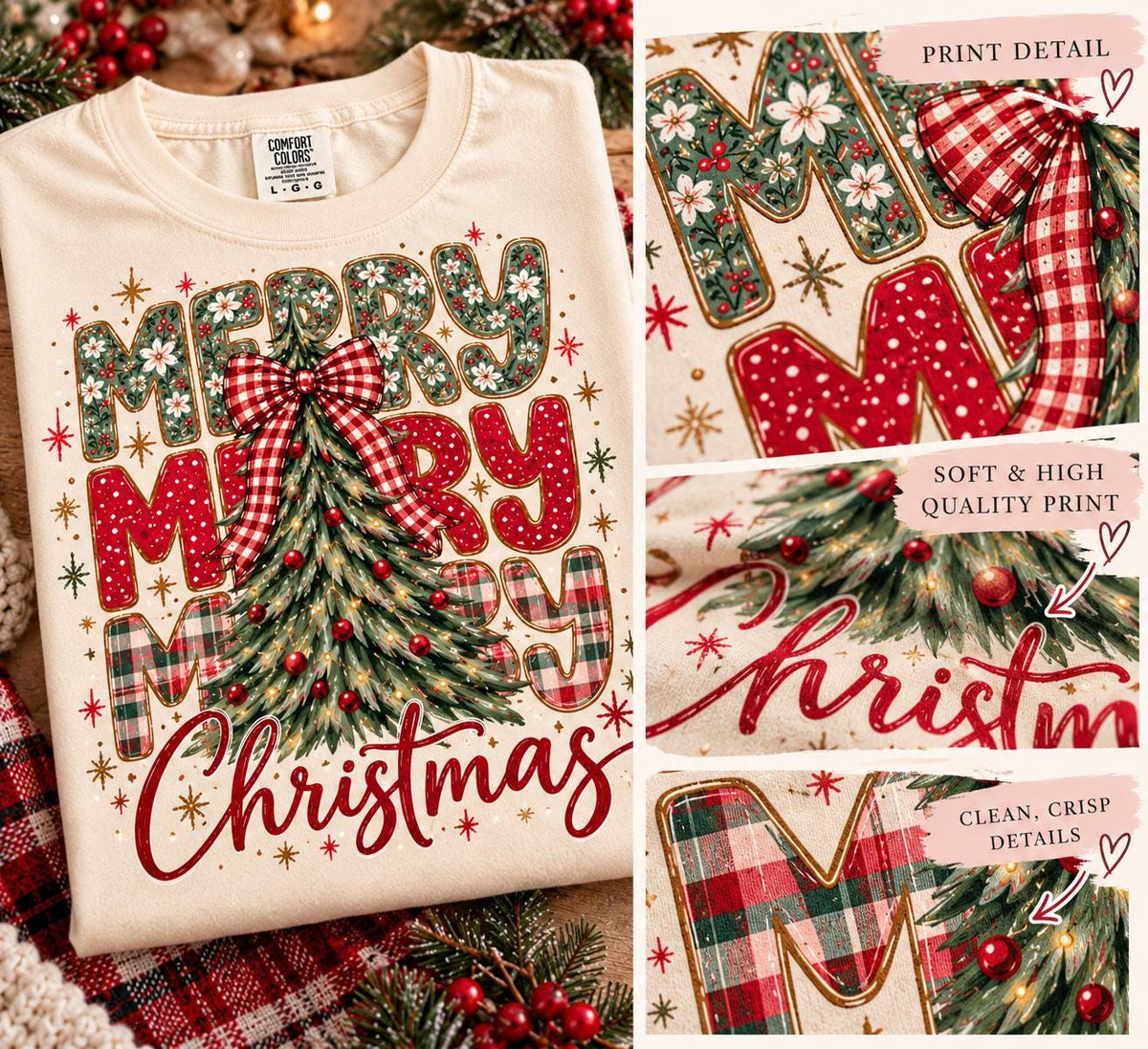 Merry Merry Christmas Tree Shirt, Comfort Colors Plaid Bow Christmas Tee, Vintage Christmas Tree T-Shirt, Retro Holiday Gift
