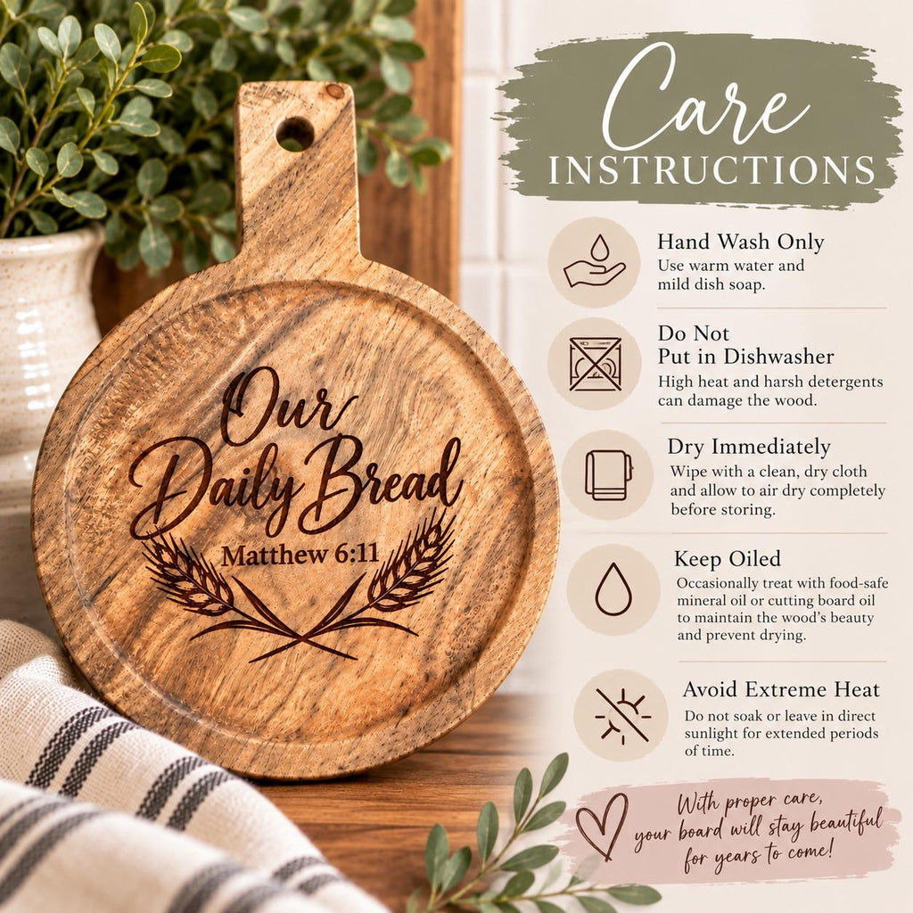 Our Daily Bread Engraved Acacia Serving Board, Matthew 6:11 Round Bread Board with Handle, Christian Kitchen Gift
