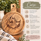 Our Daily Bread Engraved Acacia Serving Board, Matthew 6:11 Round Bread Board with Handle, Christian Kitchen Gift