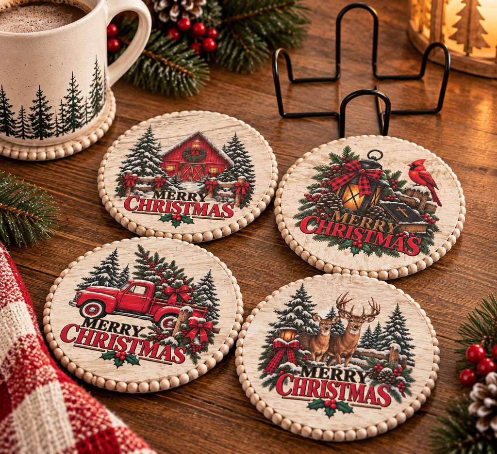 Christmas Wood Coaster Set of 4 with Black Wire Stand, Whitewash Farmhouse Holiday Decor