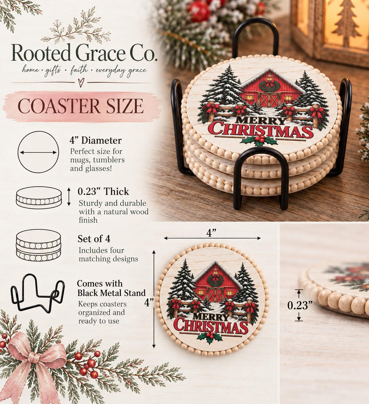 Christmas Wood Coaster Set of 4 with Black Wire Stand, Whitewash Farmhouse Holiday Decor