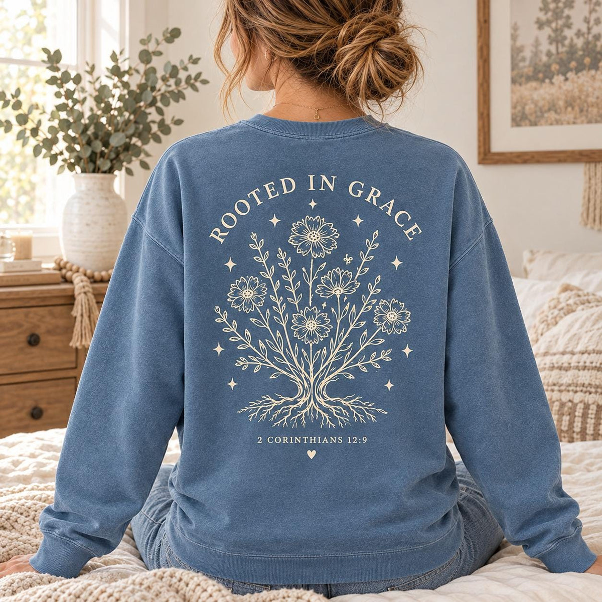 Rooted in Grace Wildflower Comfort Colors Sweatshirt, 2 Corinthians 12:9 Christian Crewneck for Women