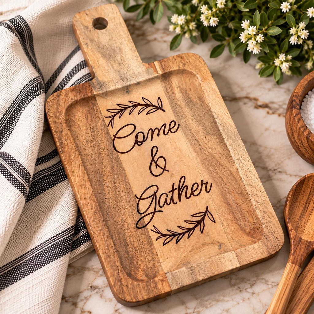 Come & Gather Engraved Acacia Charcuterie Board, Small Rectangle Serving Tray with Handle, Hostess Housewarming Gift