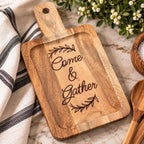 Come & Gather Engraved Acacia Charcuterie Board, Small Rectangle Serving Tray with Handle, Hostess Housewarming Gift