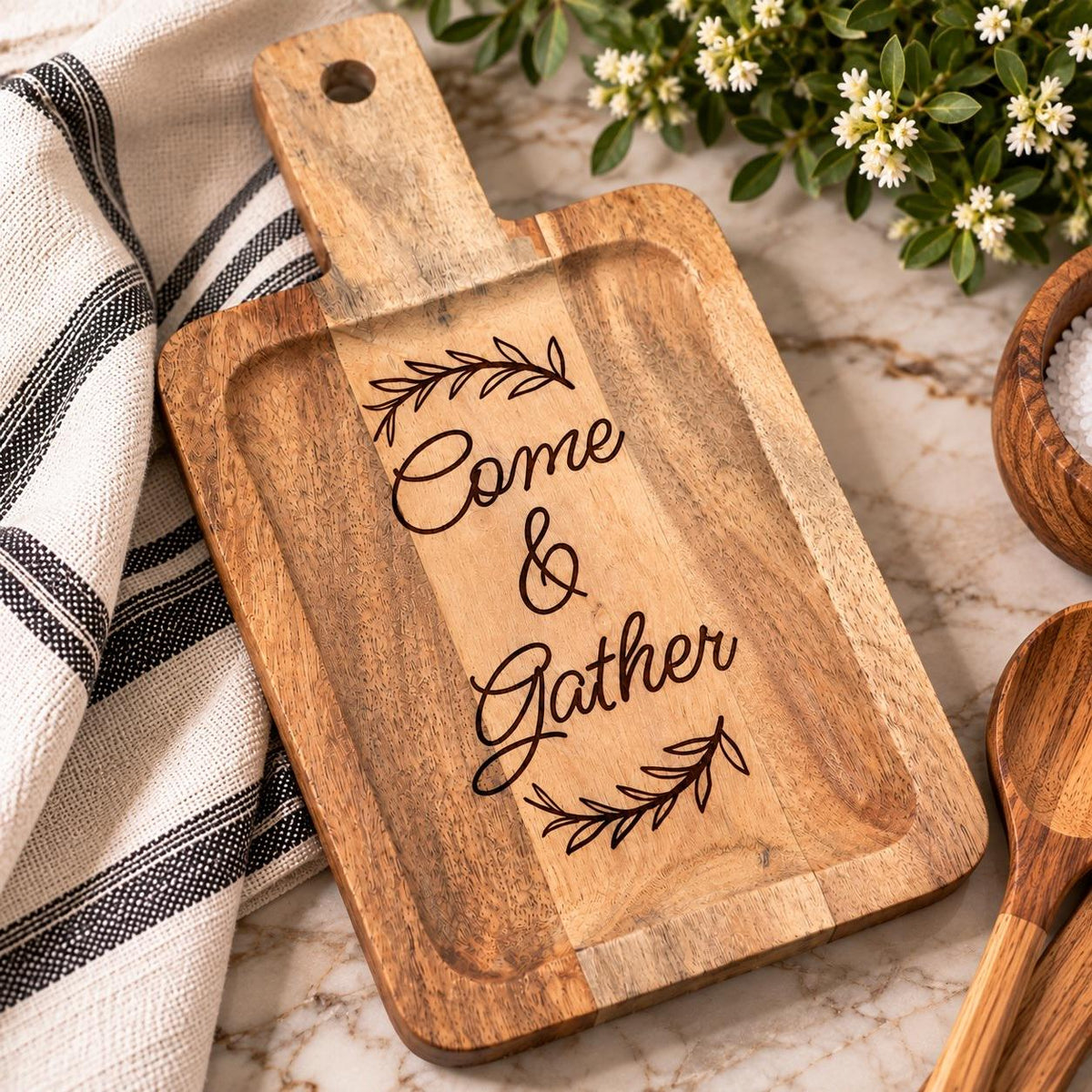Come & Gather Engraved Acacia Charcuterie Board, Small Rectangle Serving Tray with Handle, Hostess Housewarming Gift