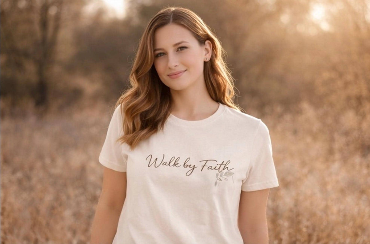 Walk by Faith Tee, 2 Corinthians 5:7 Minimalist Christian Shirt for Women