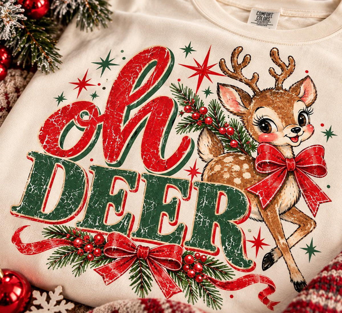 Oh Deer Christmas Shirt, Vintage Fawn Comfort Colors Tee, Retro Reindeer Holiday T-Shirt, Cute Deer Bow Christmas Gift for Her