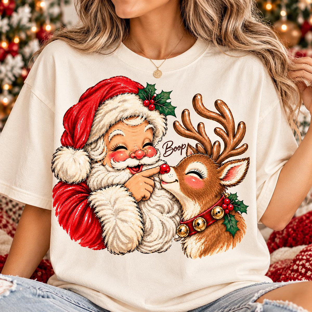 Vintage Santa and Reindeer Boop Christmas Shirt, Comfort Colors Retro Santa Tee, Cute Red Nose Reindeer Holiday T-Shirt, Gift for Her