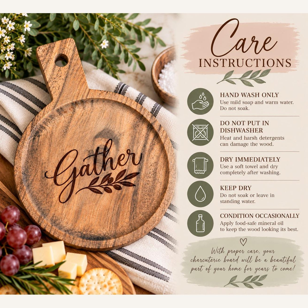 Gather Engraved Acacia Round Serving Board, Small Charcuterie Cheese Board with Handle, Hostess Housewarming Gift
